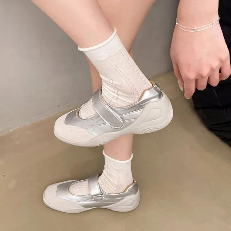 Korean Sle Spor Mary Jane oes with Magic Tape Anti-Aging Casual Flats Color Blo Soft Flat Bot Women's Footwear