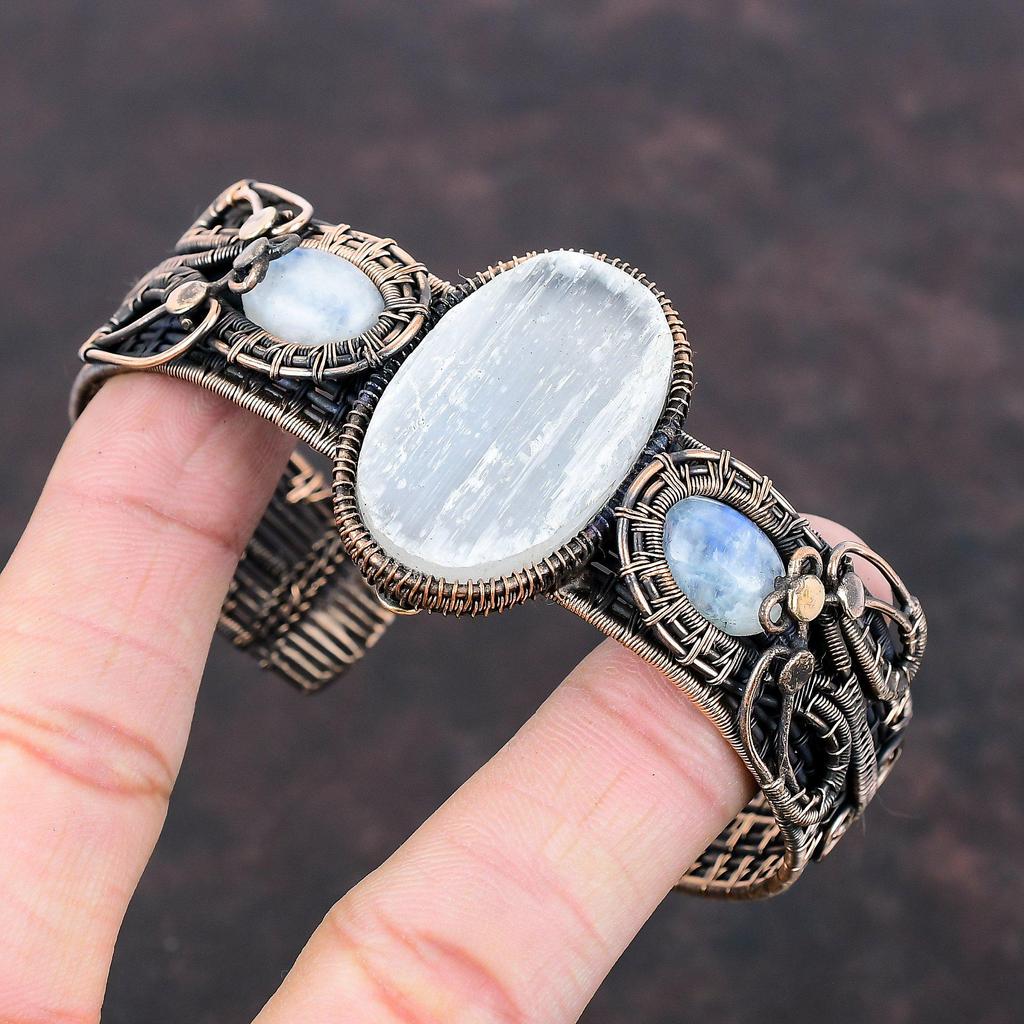 Pulseira de punho drusa de selenita, bracelete de pedra da lua arco-íris, pulseira de punho enrolada em fio de cobre, pulseira ajustável feita à mão, joias com pedras preciosas para presente