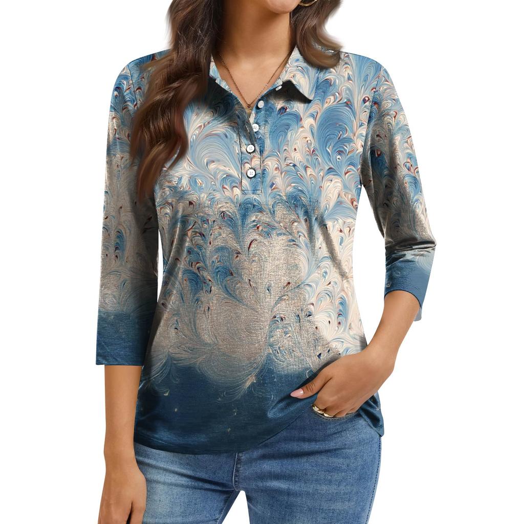Women's Fashion Casual Lapel Short 3/4 Sleeve Print Shirt Women's Button Up Tops