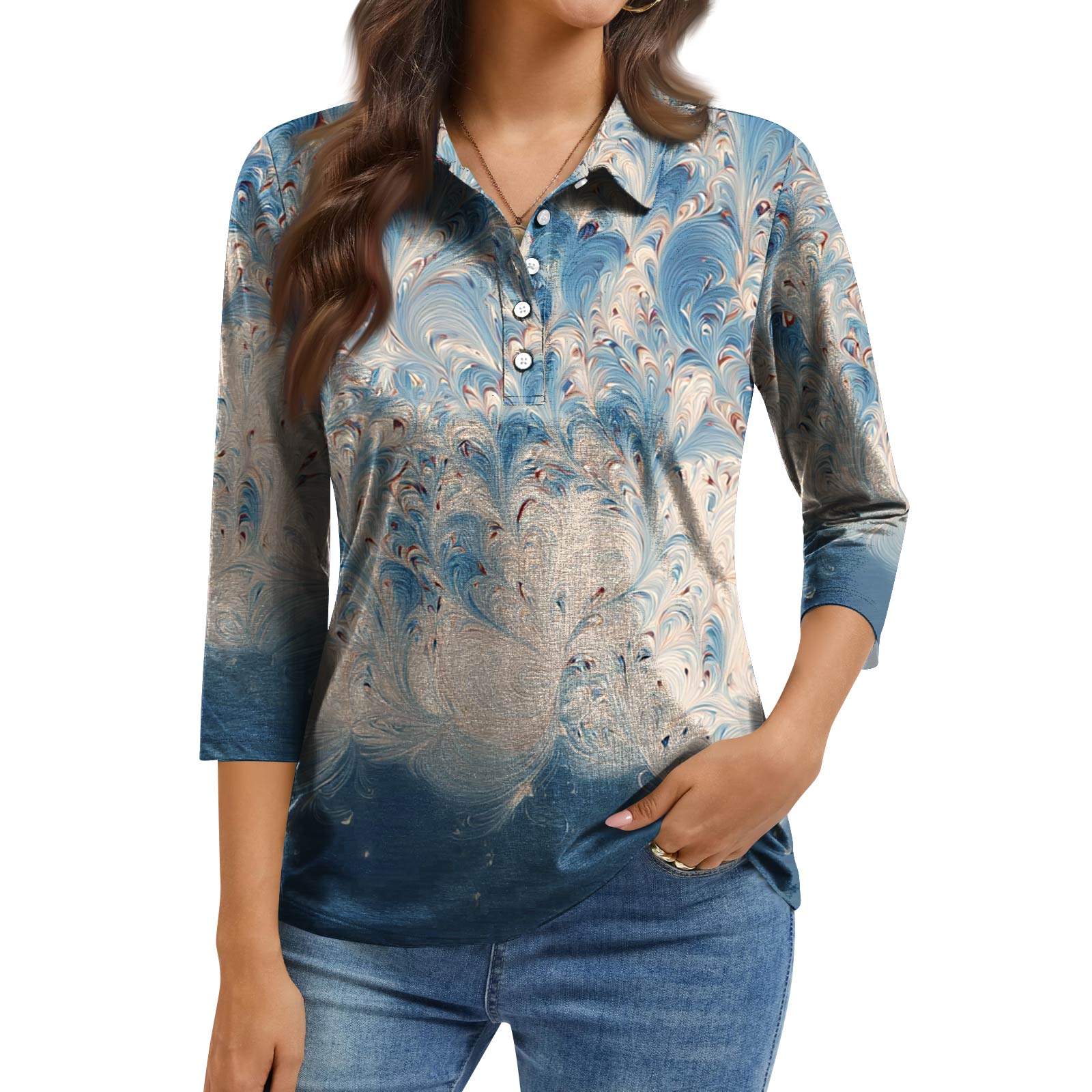 

Women s Fashion Casual Lapel Short 3/4 Sleeve Print Shirt Women s Button Up Tops XXL