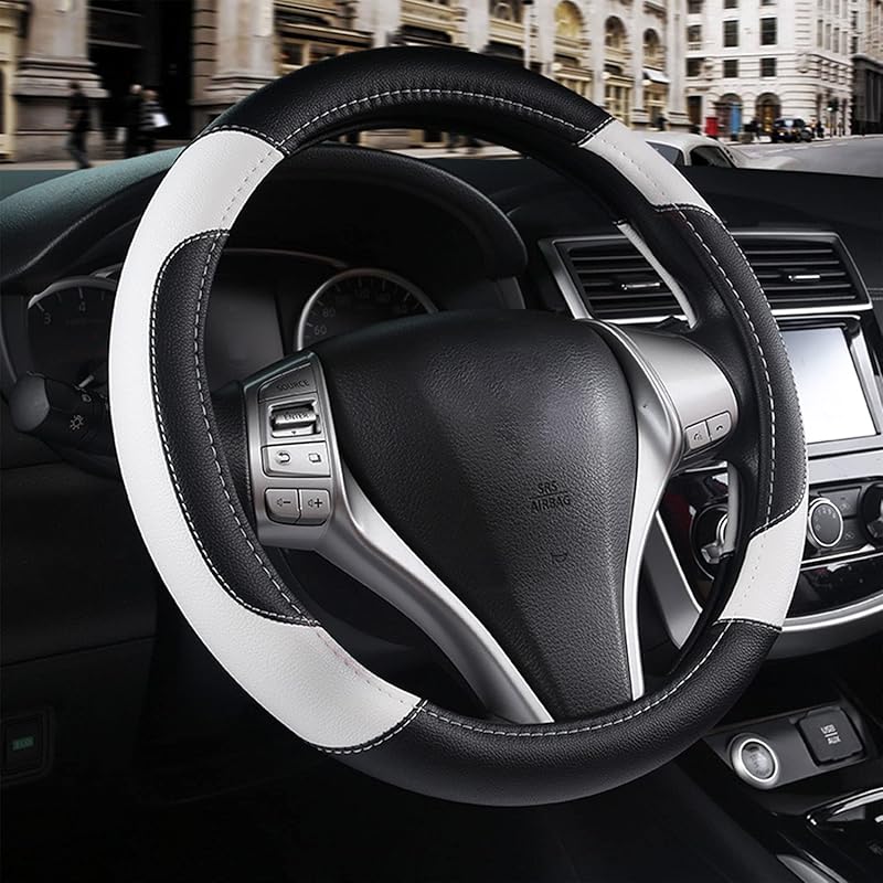 Leather Car Steering Wheel Cover, Non-Slip Car Wheel Cover Protector Breathable Microfiber Leather Universal Fit For Most Cars(Beige)