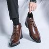 Men's British-Style Glossy Brown Leather Martin Boots with Pointed Toe and Side Zipper for Business Formal Wear.