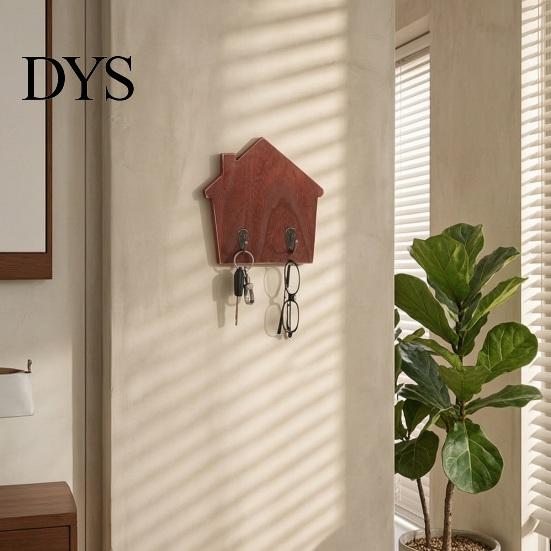No Damage Wall Mounted Hooks Wood House Shape Storage Hook, Strong Traceless Adhesive Decorative Key Holder for Entryway American Style Hanger