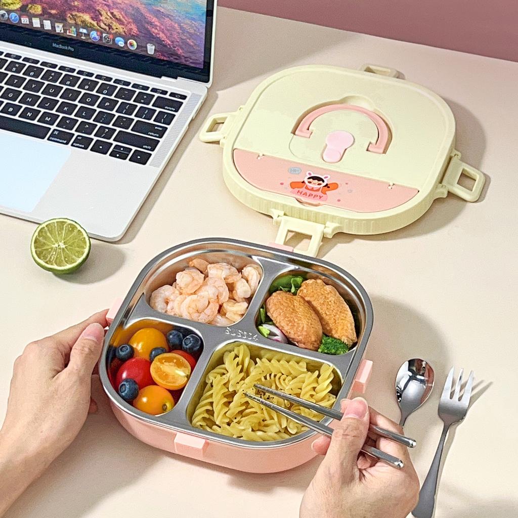 3/4 Grid 304 Stainless Steel Divided Lunch Box With Tableware Kids Student Portable Cute Leak Proof Bento Box Microwave Heatable