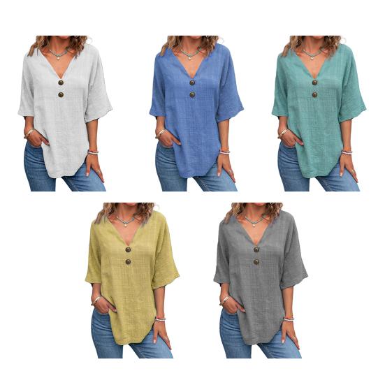 Top Estivi da Donna Scollo a V Manica a Tre Quarti Casual T-Shirt Tinta Unita Decorazione Bottoni Vestibilità Ampia Lunghezza Media Blusa