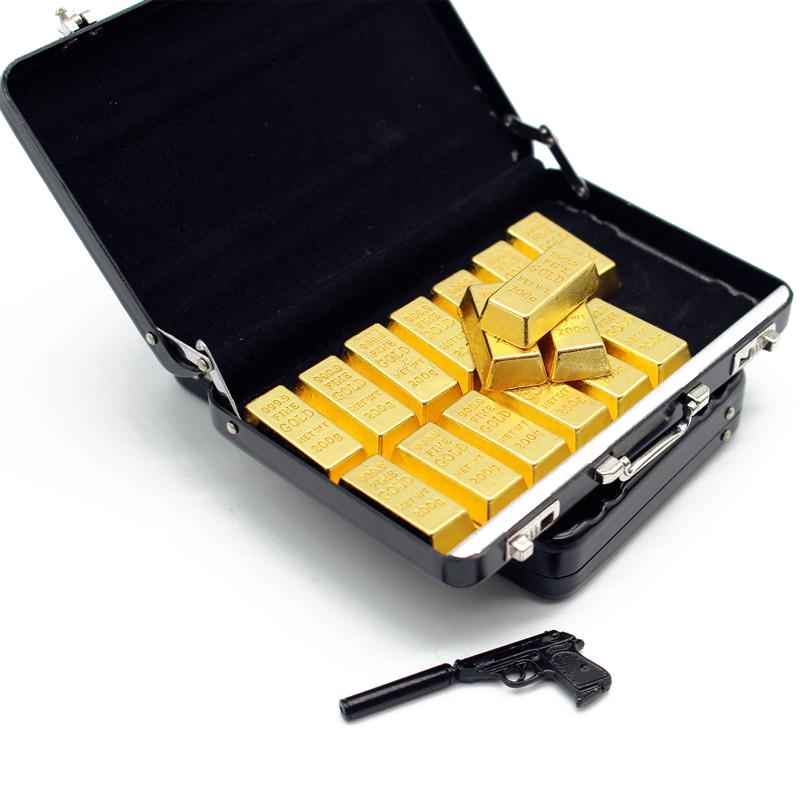 1Set Dollhouse Miniature Aluminum Alloy Suitcase Gold Bar Weapon Shooting Toys Model Password Cash Money Box Model Kids Toy