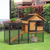 Rabbit Cage with House, Ramp and Open Area, Light Yellow Wooden and Metal Rabbit Hutch, 122x63x92cm
