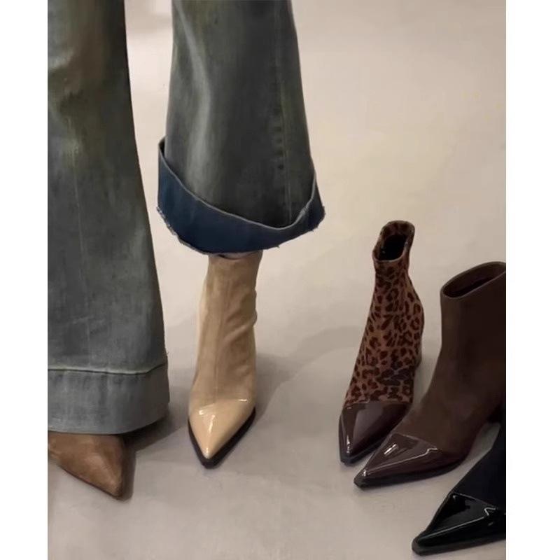 Soft leather version~ French thin elastic short boots women's small fragrant style splicing pointed thick heel thin boots high heel thin boots