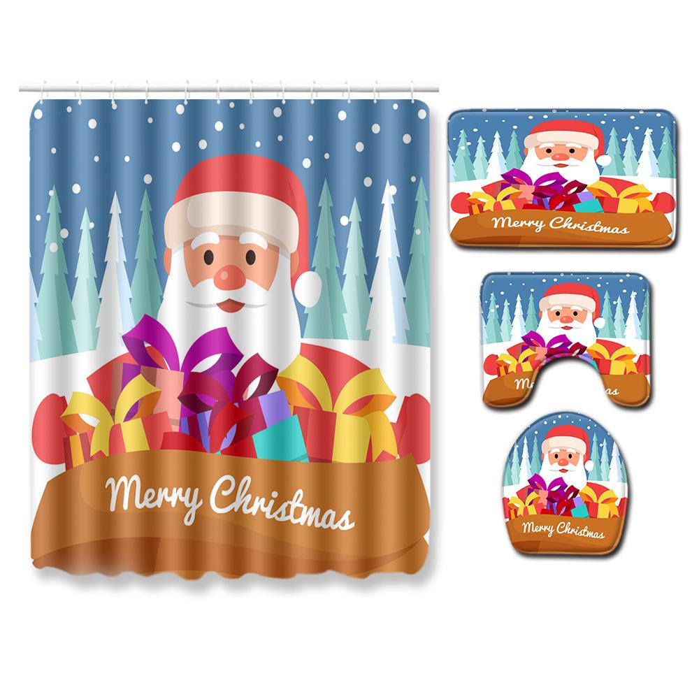 Christmas Shower Curtain Polyester Cloth Toilet Seat Four-Piece Set Entrance Door Mat Bedroom Living Room Floor Mat Carpet