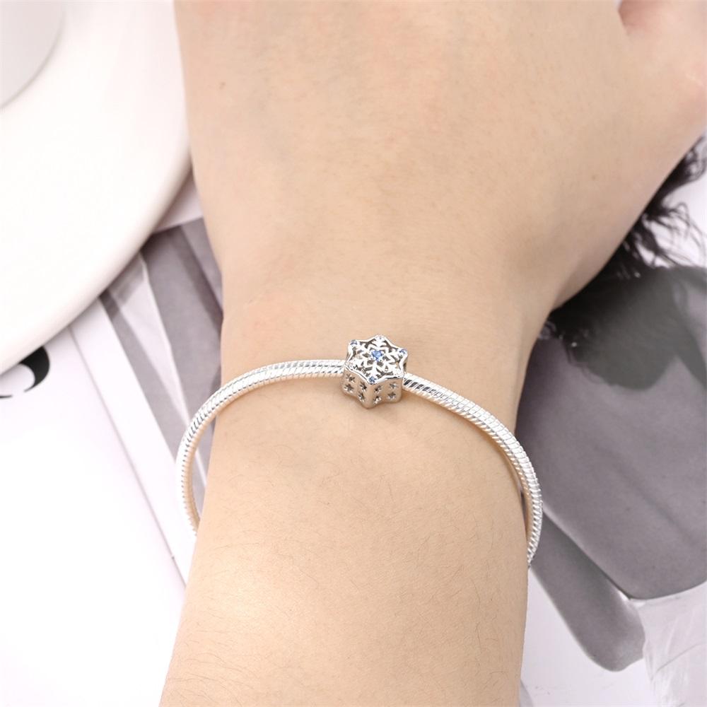 Original Copper Charms Luxury Winter Snowflake Blue Zircon Beads Fit Bracelet Diy Women Making Delicate Gift