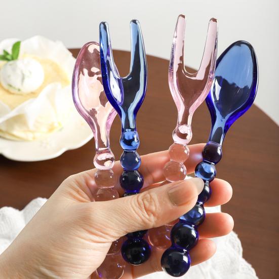 Handmade Vintage Glass Spoon Fork for Coffee Milk Long Handle Stirring Utensil Heat-Resistant Dishwasher Safe Colorful Artistic Tableware Unique