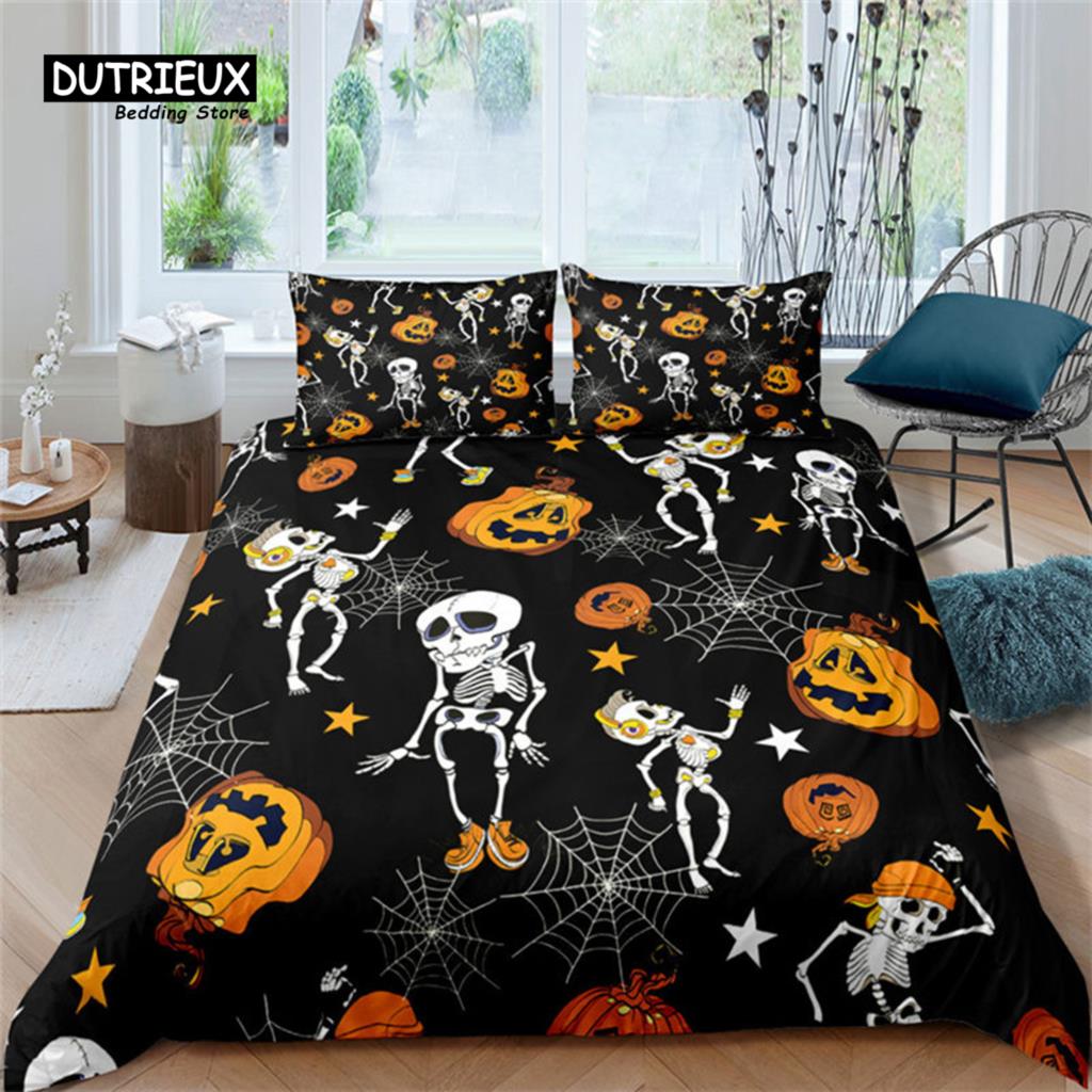Halloween Bettwäsche Set Cartoon Kürbis Bettbezug Set Mikrofaser Hirsch Geometrischer Druck Bettdeckenbezug mit Kissenbezug Raumdeko