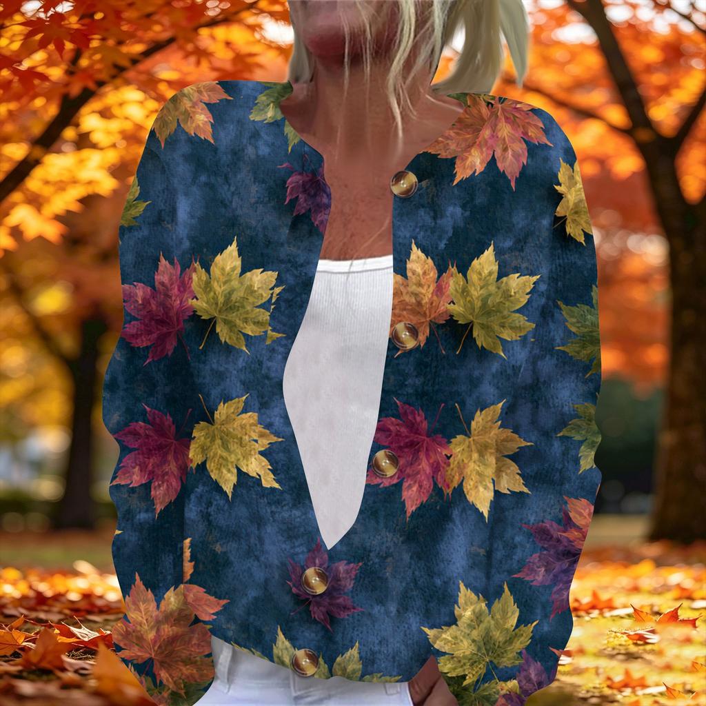 Women's fashionable maple leaf printed long-sleeved knitted cardigan with buttons
