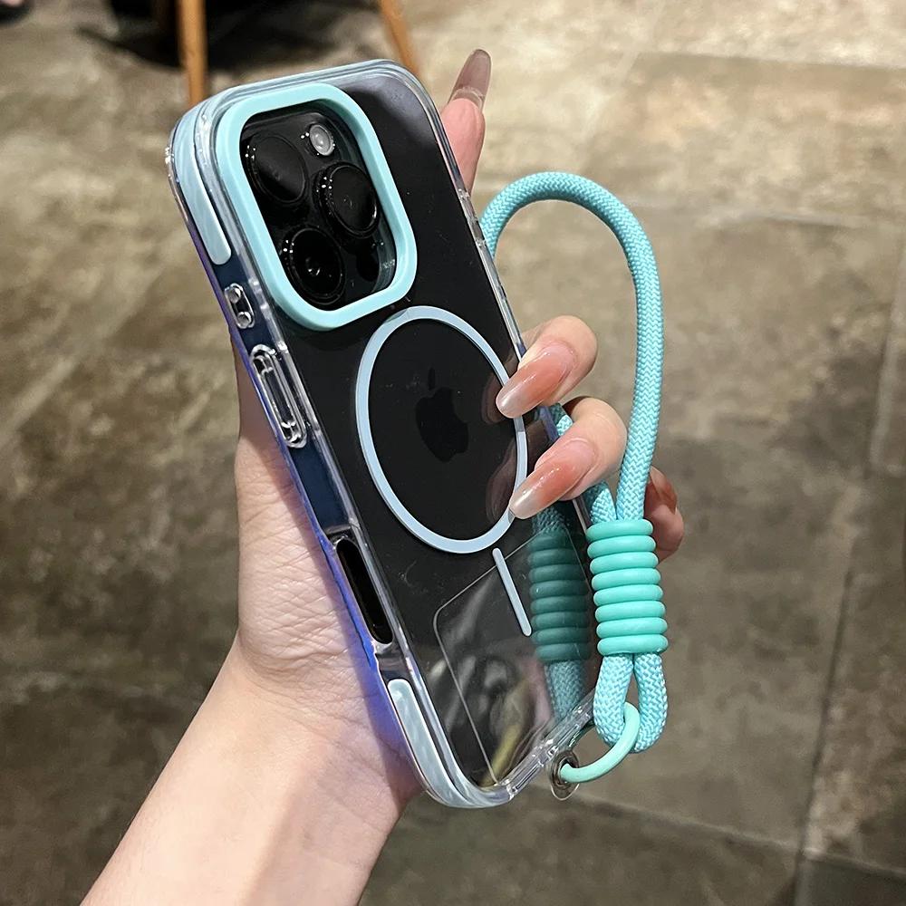 

Прозрачный чехол для телефона с магнитом и ремешком на запястье для iPhone 14 15 16 Plus 11 12 13 16 Pro Max, Magsafe, прозрачный, для зарядки, противоударный For iphone 16Plus