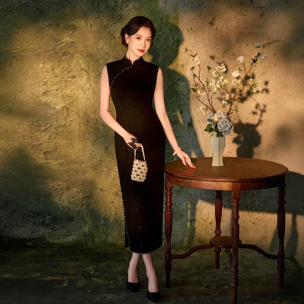 Sleeveless black bronzing cheongsam New Chinese long cheongsam Improved young women's high-end retro evening dress