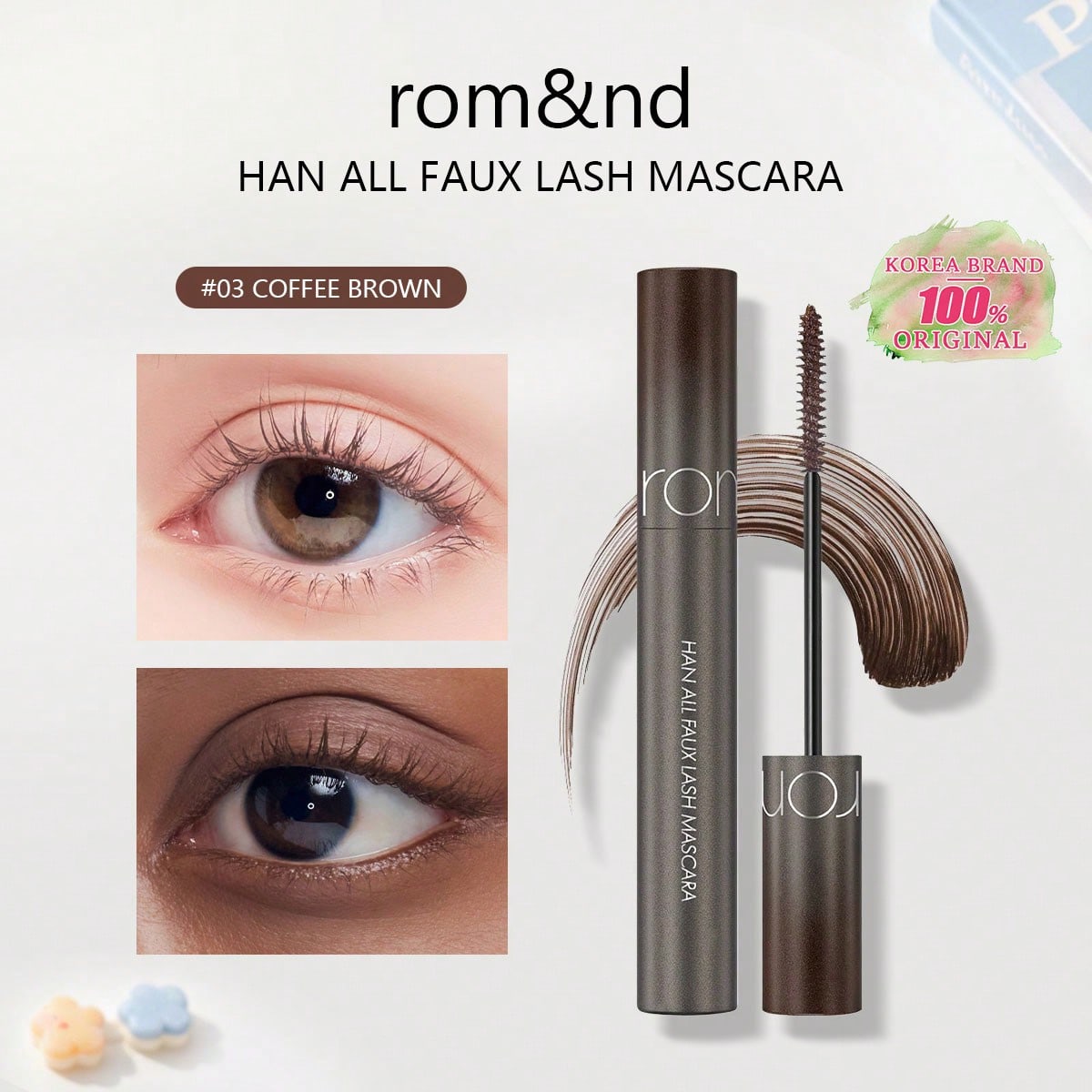 rom&nd HAN ALL FAUX LASH MASCARA 01-03, Volumegevend, Verlengend, Krullend, Waterdicht, Vlekbestendig, , Koreaanse Schoonheid, , Cadeau 03 COFFEE BROWN beige