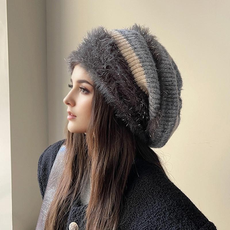 1PC Color Block Elegant Pile Hat Versatile Knitted Fashion High Stretch Warmth Brimless Lightweight Plush Slouchy Hats Multi-Color