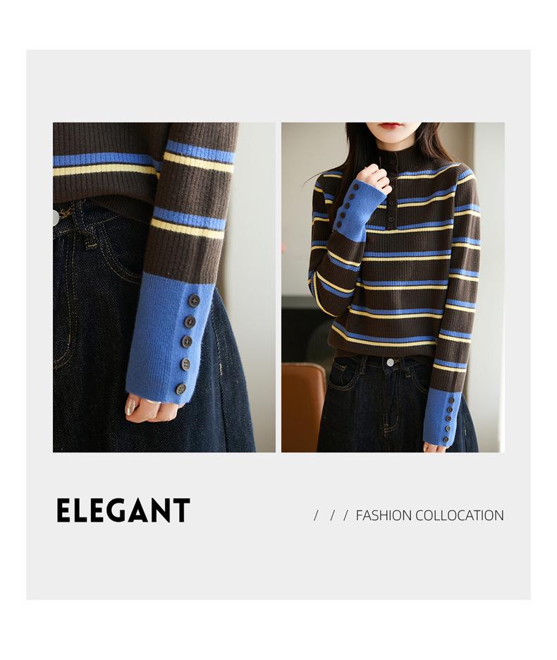 Color Block Striped Half-High Neck Sweater - Women's Fashion Slimming Knit Base Layer for Autumn/Winter.