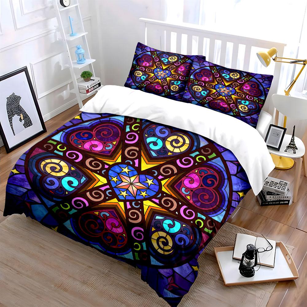 Stained Glass Heart Decor Set Soft Comfortable Duvet Cover Bedding Set Included 1*Duvet Cover & 2*Pillowcases, Gift