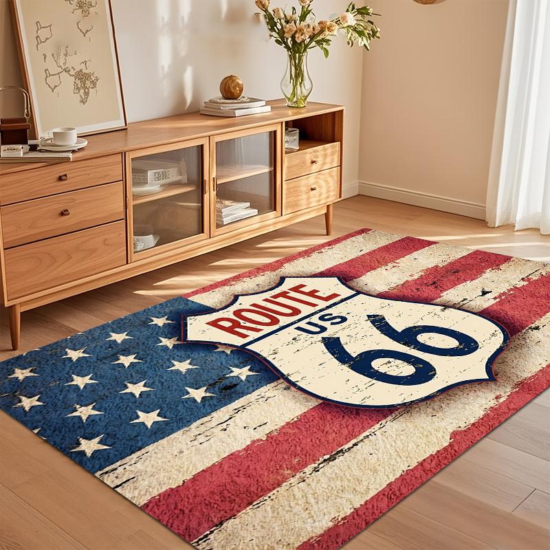 Tappeto Americano Route 66 con Stampa Bandiera, Morbido Tappetino Vintage per Soggiorno Camera da Letto Decorazione Casa Patriottica Industriale