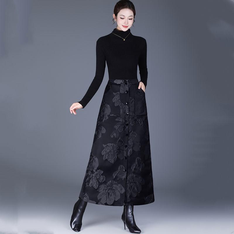 Jacquard Baumwolle Gepolstert Übergröße Hohe Taille Vintage Floral Frühling Herbst Winter Lässig Locker Lang für Frau Röcke Damenrock