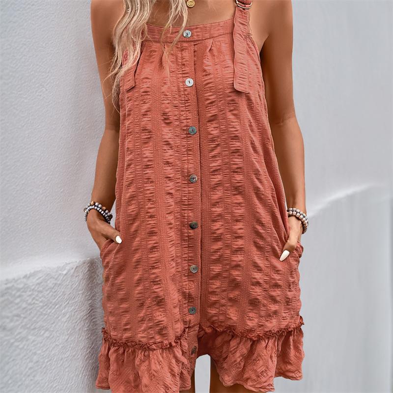 2026 New European And American Camisole Dress Cross-border Solid Color Texture Pleated Ruffle Edge Dress