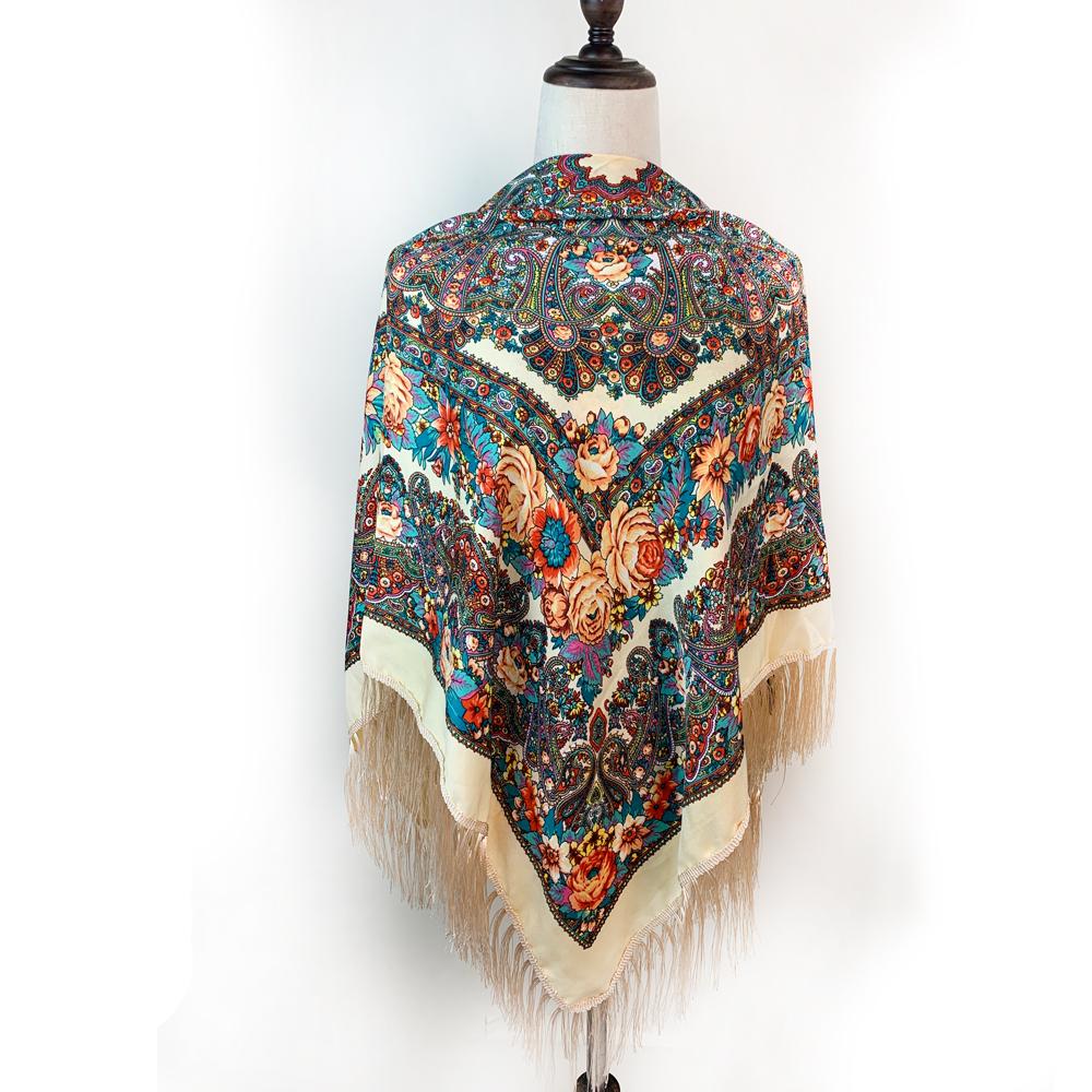 130*130cm Russian National Square Scarf Women Luxury Floral Print Fringed Ukrainian Shawl Babushka Handkerchief Head Wraps