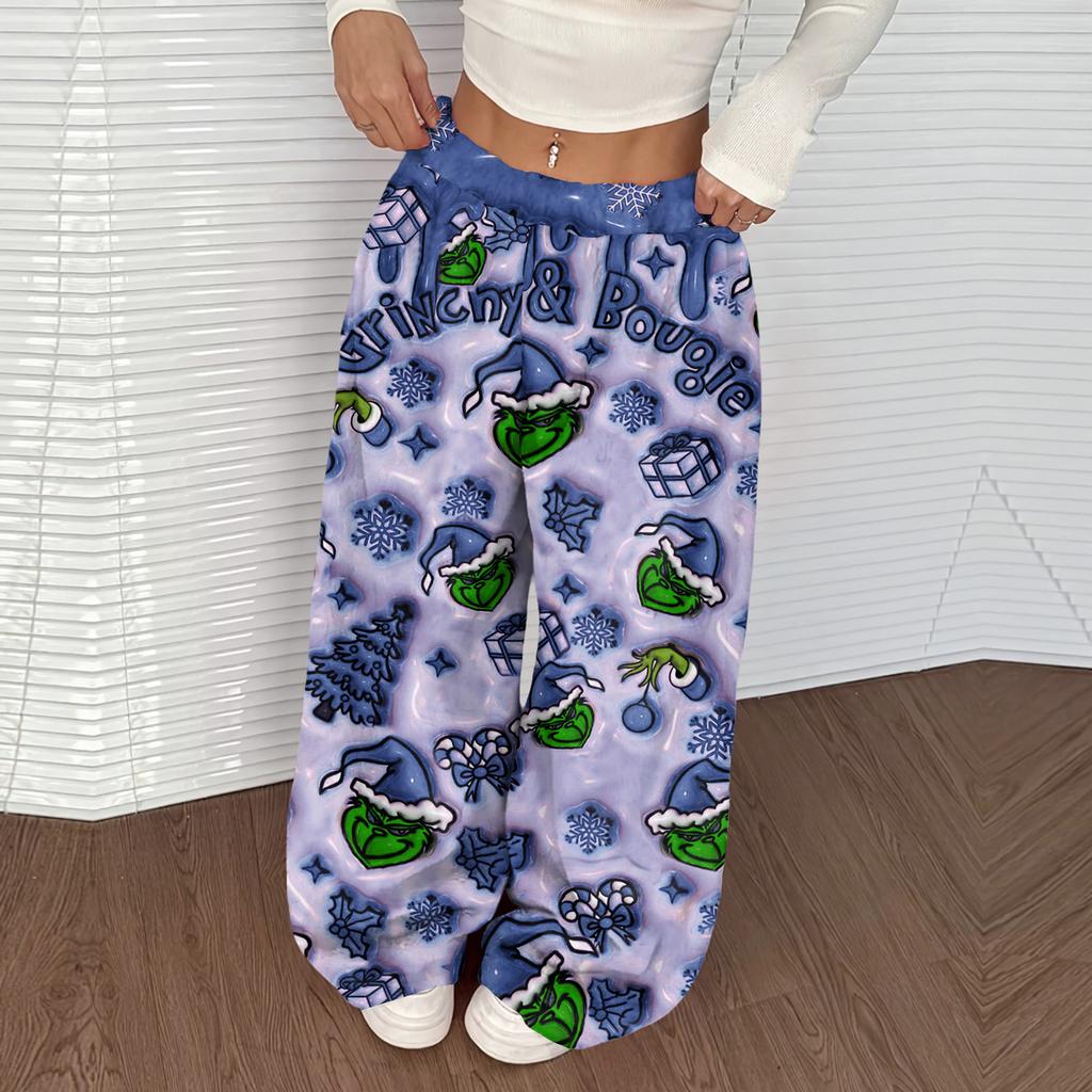 Women's Casual Christmas Print Elastic Waist Loose Fit With Plush Wide Leg Pants