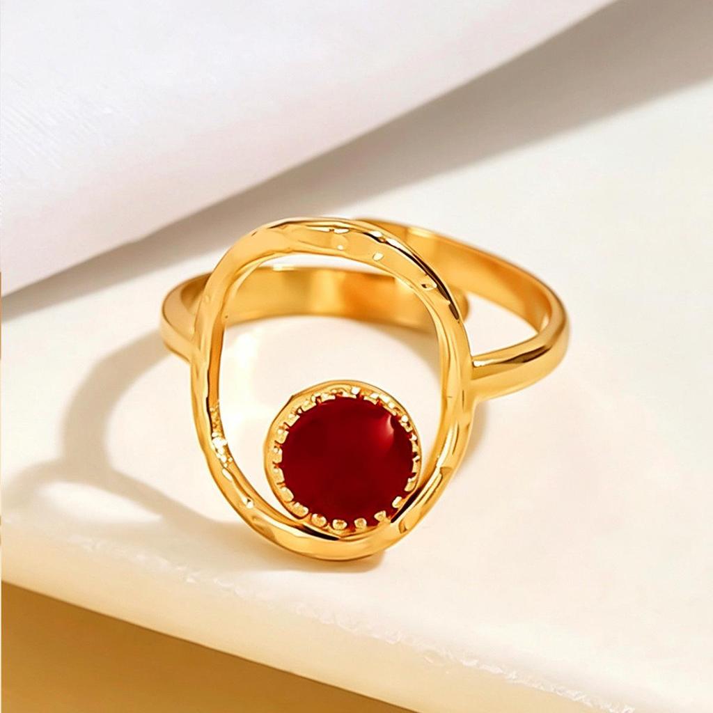 Stainless Steel Baroque Style Red Enamel Geometric Hollow Ring for Women