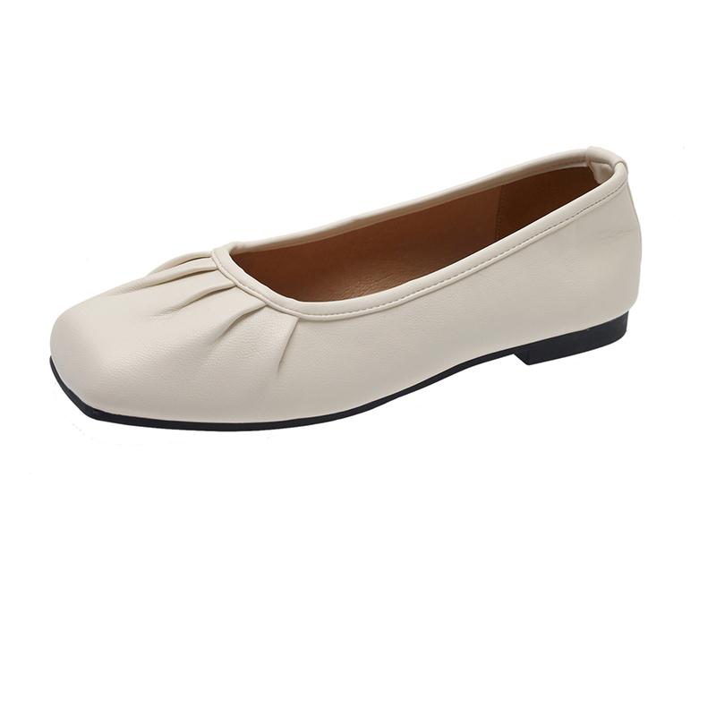 2024 Fashion Solid Color Square Toe Women's Shoes Spring and Autumn Shallow Mouth Slip-On Versatile Pleated Flat Women's Shoes