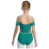 Girls Figure Skating Bodysuit Short Sleeve Cutout Back Sheer Mesh Patchwork Shiny Rhinestones Metallic Dancewear
