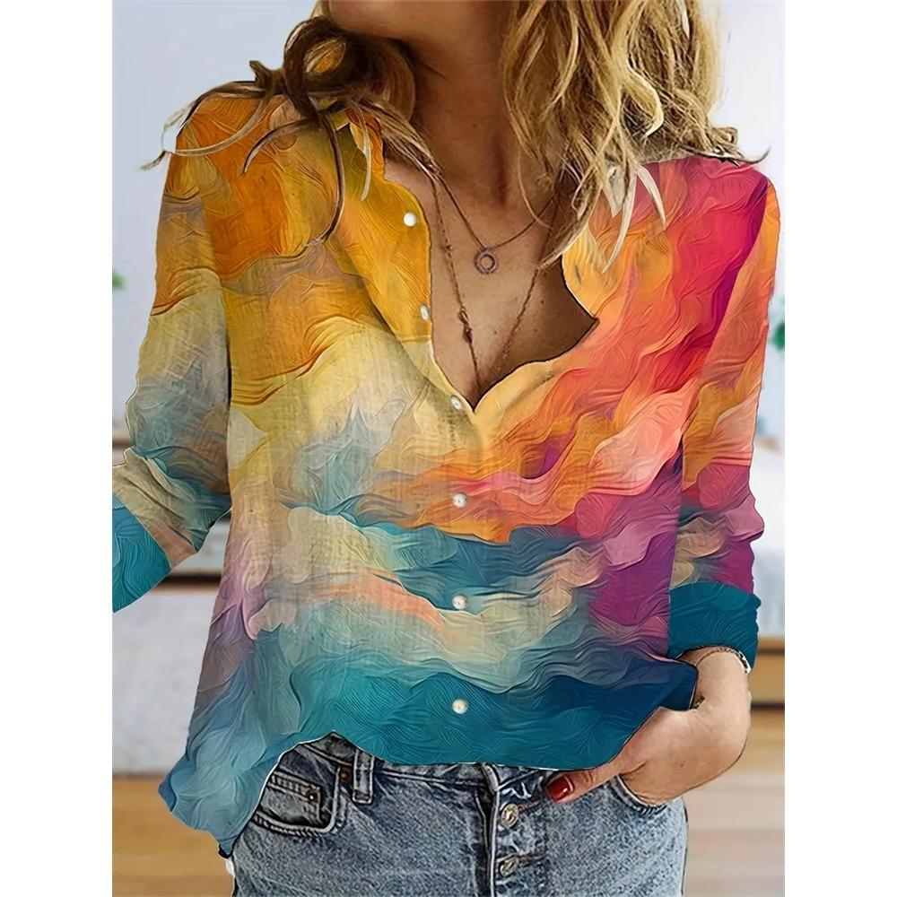 Fashion Flower Cute Cat Pattern 3D Print Women's Long Sleeves Shirt Autumn Animal Women's Holiday Shirt Women's Clothing