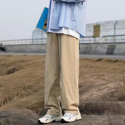 Men's Autumn Hong Kong-Style Loose Fit Straight-Leg Pants - Solid Color Casual Wear