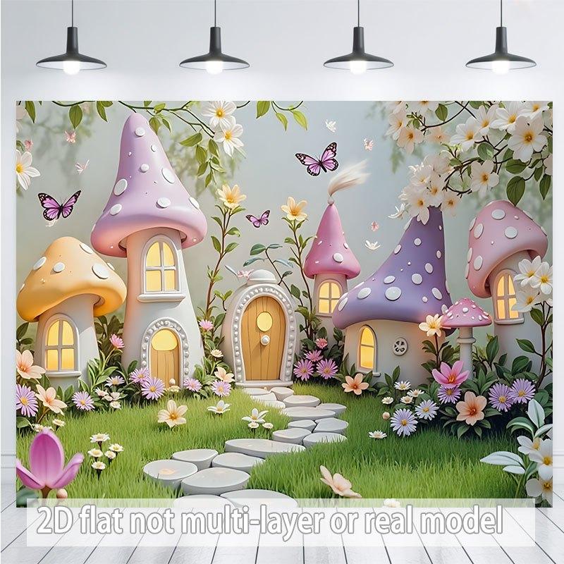 2D planar, single-piece mushroom-themed wall decoration banner —— Mushroom house with flowers and butterflies 100x150cm