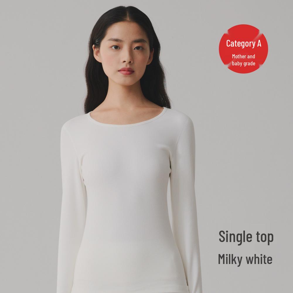Women's 280g Extra Thick Pure Cotton Antibacterial Double-Brushed Round Neck Thermal Top