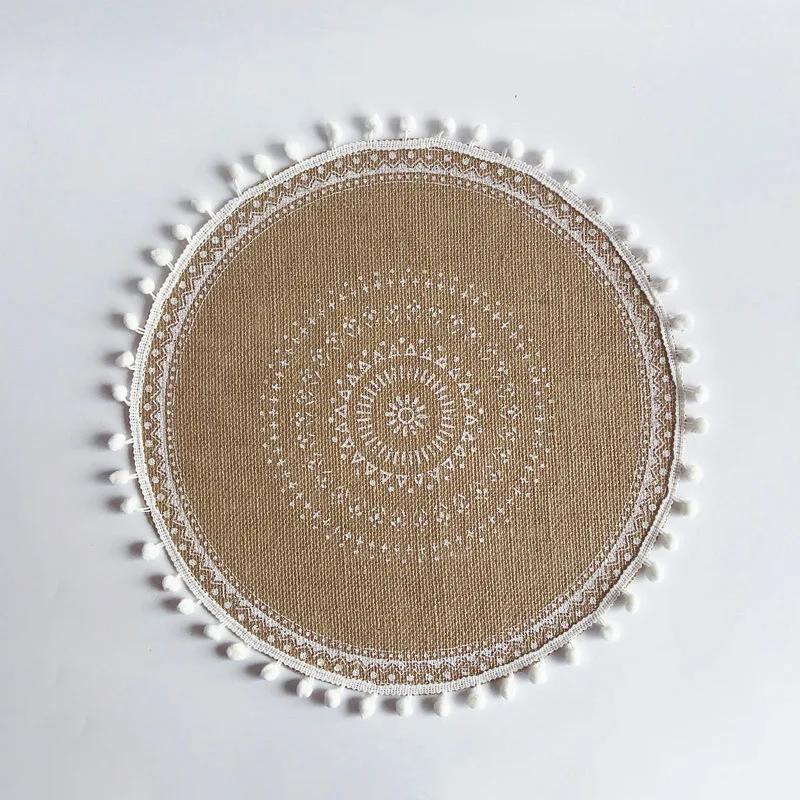 Boho Round Placemat 15 Inch,Farmhouse Woven Jute Fringe TableMats with Pompom Tassel Place Mat for Dining Room INS Table Decors