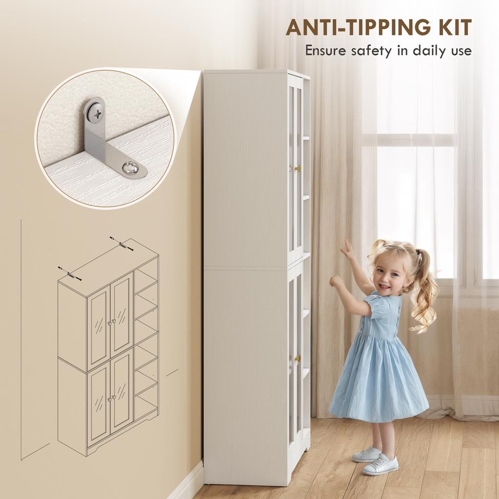 Multi-Storage Kitchen Cabinet, with Glass Doors - White Wood-Effect