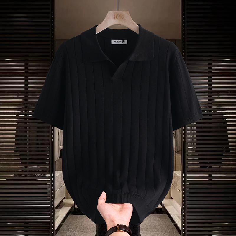 Men's Grey Vertical Rib Knit Short Sleeve Polo Shirt