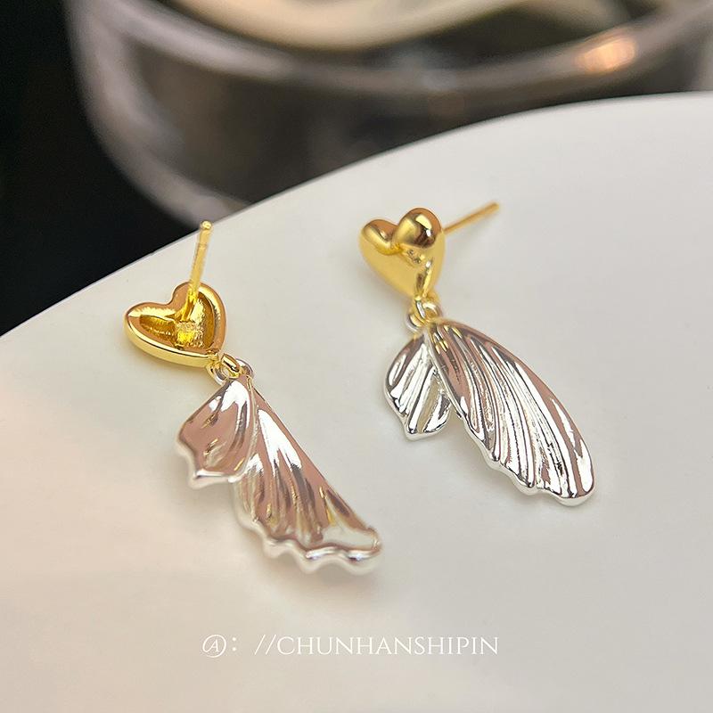 Love fish tail wings contrasting colors, ear clips, mosquito coil trays, high sense, versatile light luxury earrings, niche design earrings