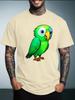 Unisex Summer White Short Sleeve Tee Cute Cartoon Green Parrot Bird Graphic Print Crew Neck Loose Casual Male Daily Tops