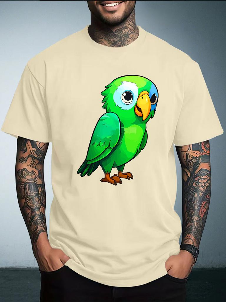 Unisex Summer White Short Sleeve Tee Cute Cartoon Green Parrot Bird Graphic Print Crew Neck Loose Casual Male Daily Tops