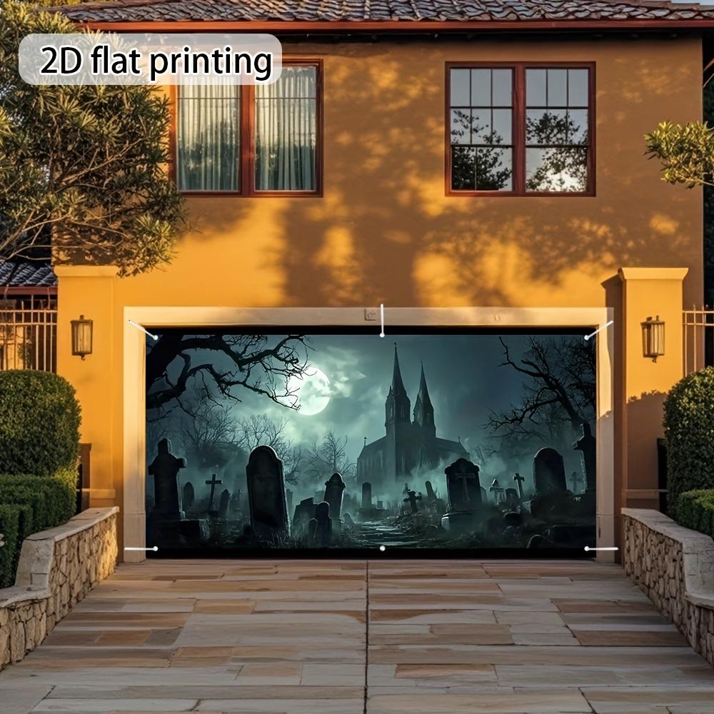 A Halloween cemetery night scene garage door banner - with a full moon and Gothic church designzyc