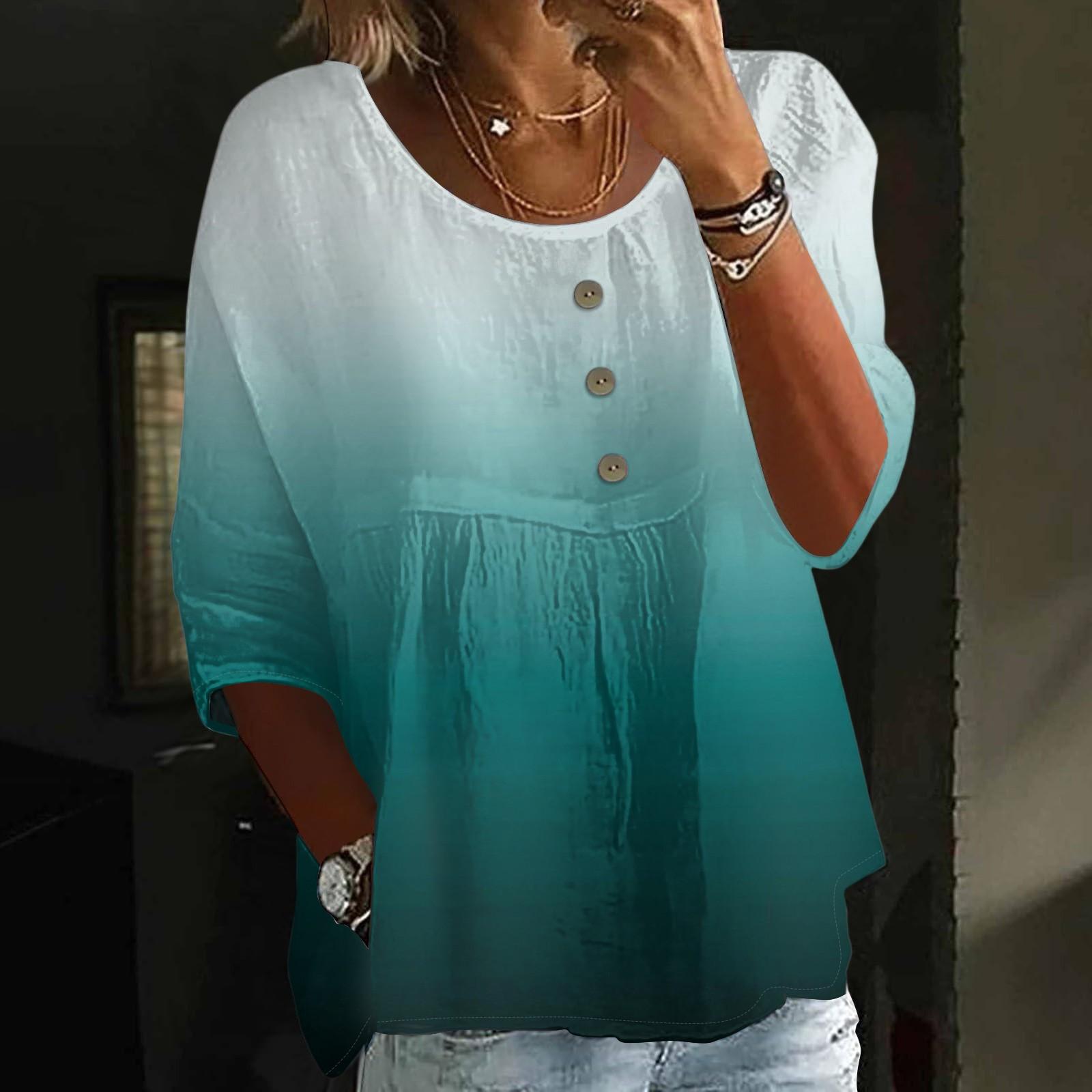 

Women s Casual Fashion Three-quarter Sleeve Loose Round Neck Button Gradient Print Top S