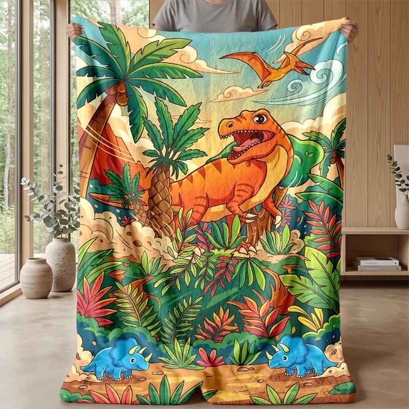 Dinosaur Adventure In Paradise Blanket Personalized Name Flannel Blanket Soft Cozy Plush Throw for Sofa Bed Lightweight Home Decor