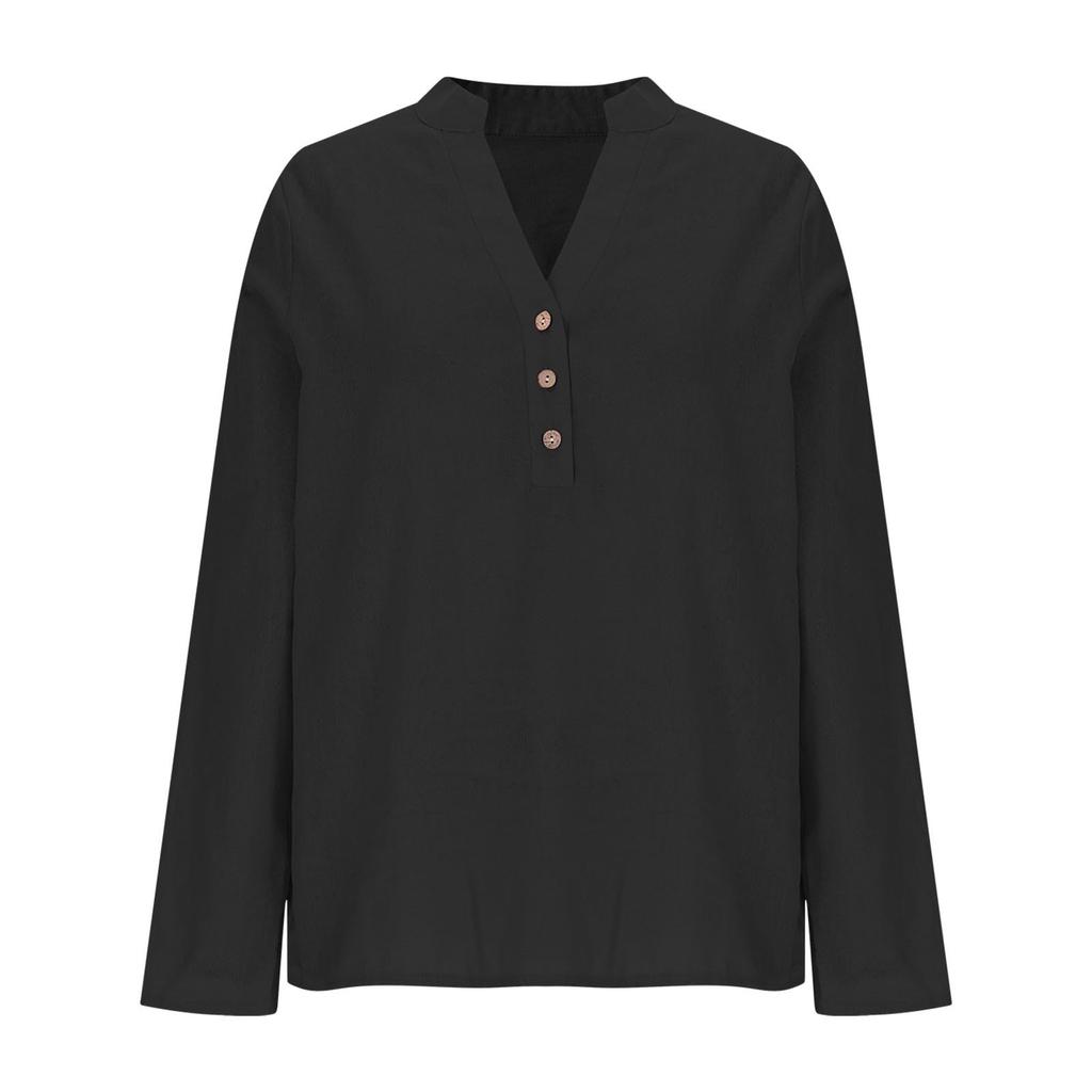 Women's Fashionable Solid Color V-neck Button Long Sleeved Casual Shirt Top