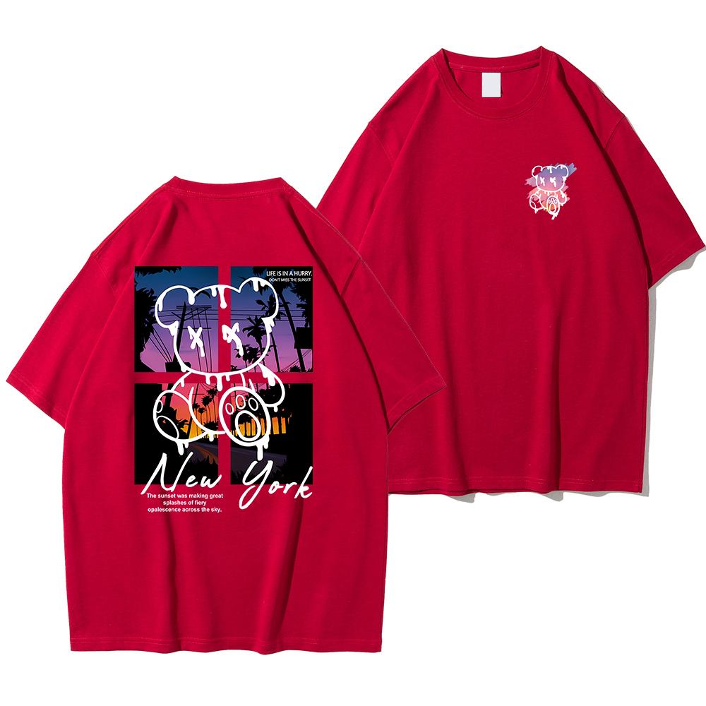 New York Art Word Cartoon Bear Sunset Scenery Design T Shirts Men Fashion Cotton Shirt Loose Summer T Shirts Oversized Tee