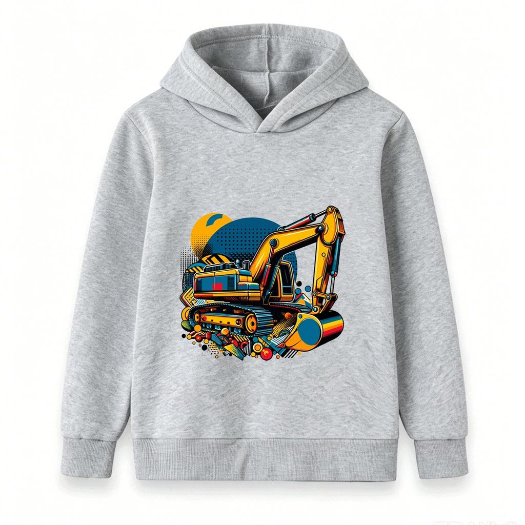 Kids Excavator Print Hoodie Sweatshirt, Cartoon Construction Vehicle Pullover for Boys Girls, Casual Long Sleeve Tops for Daily Wear