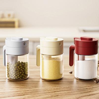 Glass Spice Jar with Spoon Locking Design Heat-Resistant Seasoning Container for Kitchen 2-in-1 Storage Jar with Spoon