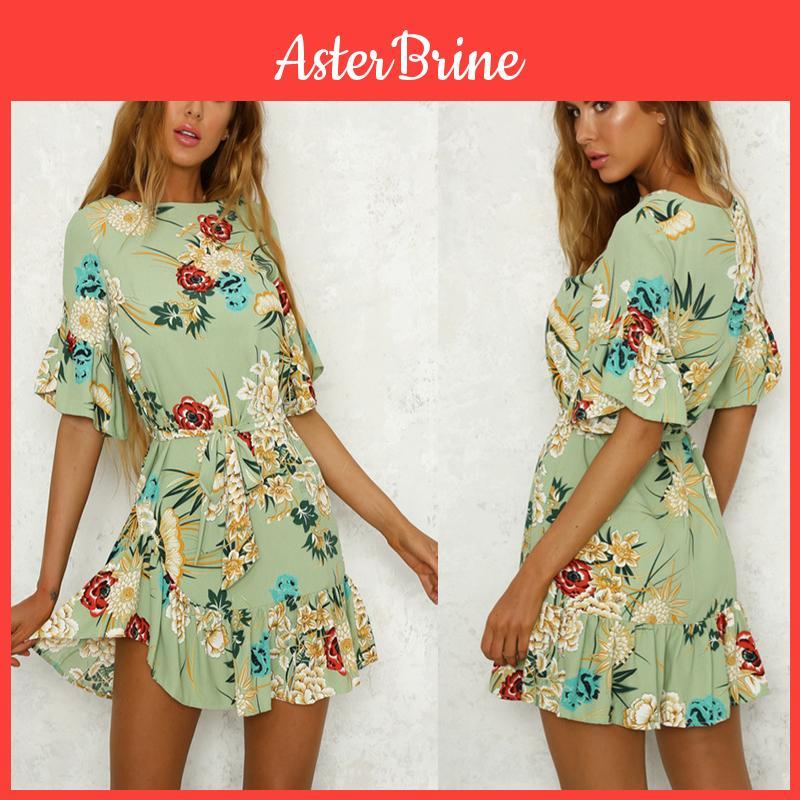 Stilvolles Mini-Damenkleid mit Blumenprint, Rüschen und V-Ausschnitt, Sommer-Strand-Sonnenkleid für jeden Anlass