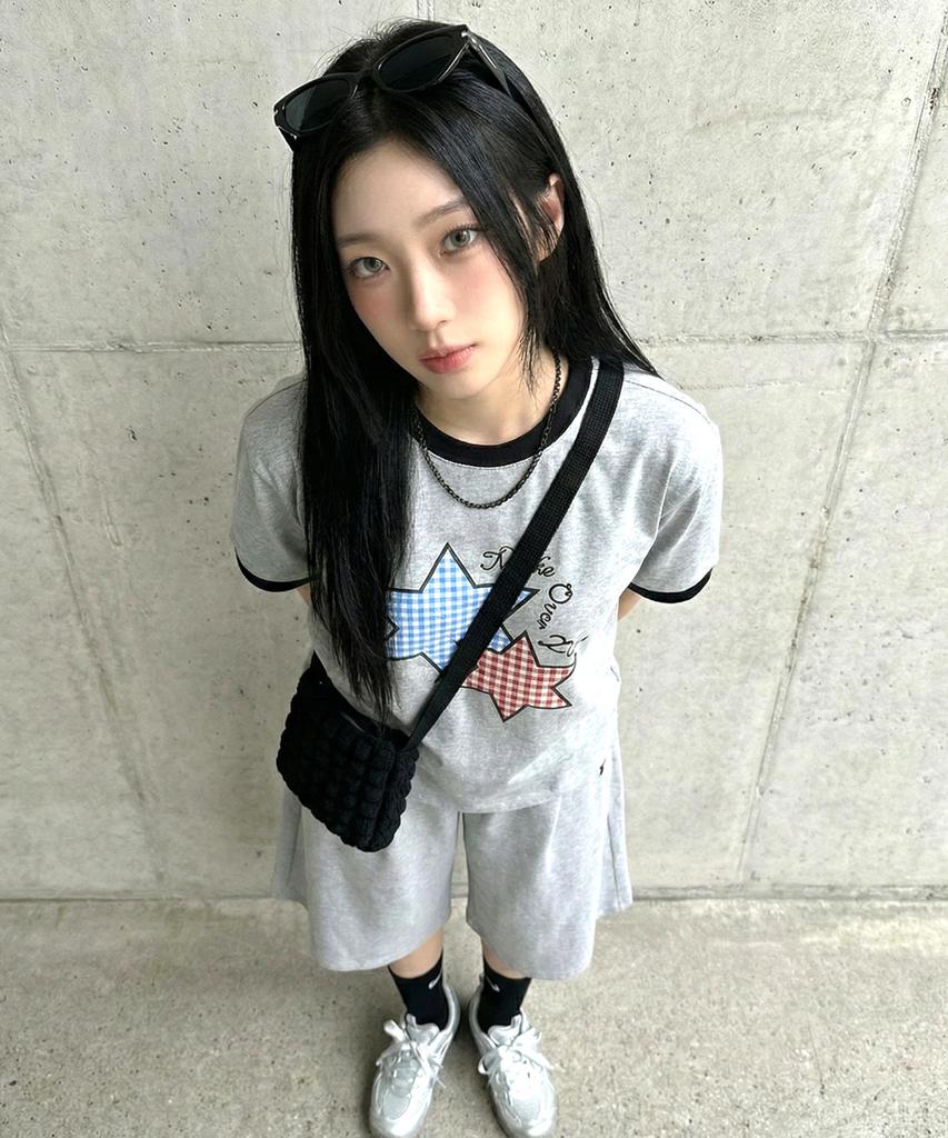 MOZMOZ [Set] Star Patch 2-Type Ringer Short Sleeve T-Shirt + Bermuda Side Pleat Training Pants